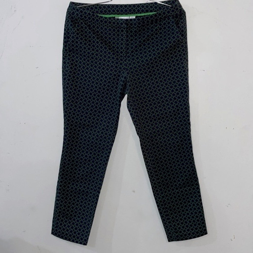 Women’s KENAR Cropped Pant Size 6 Navy & Green Geometric Print Stretch M…